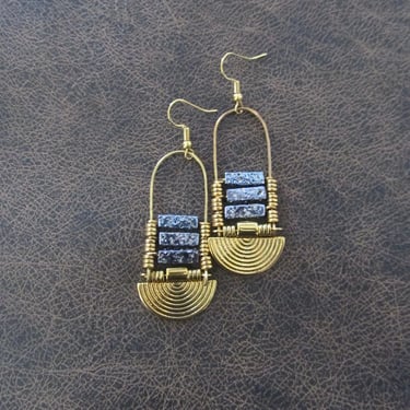 Lava rock and gold earrings, blue 
