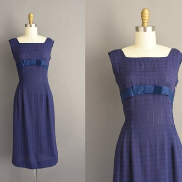 vintage 1950s dress | Navy Blue Cotton Sleeveless Pencil Skirt Day Dress | XS Small 