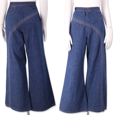 70s WRANGLER rainbow bell bottom jeans 31, vintage 1970s rare bells, dark denim stitched wide leg flares pants L XL 12 
