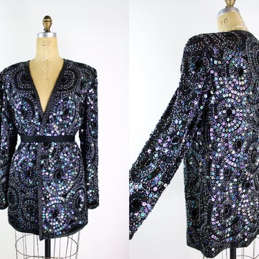 80s Sequined Black jacket / 80s Geometric Beaded Jacket / Party Jacket / Cardigan/ Size M/L 