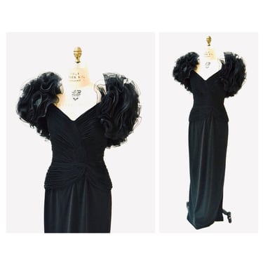 80s 90s Vintage Black Dress Evening Gown Ruffles Size XS Small // 80s 90s Glam Black Pageant Prom Dress Gown By Rose Taft Dynasty Dress 
