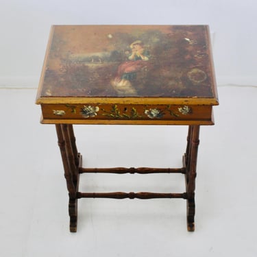 Vintage Early 20th Century Italian Style Gilded Hand Painted Sewing Writing Side Table with Compartment 