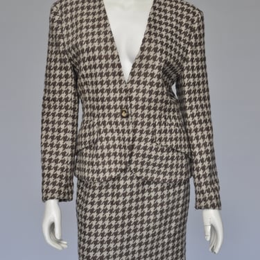 vintage 1980s brown & ivory houndstooth skirt suit set by Dior M 