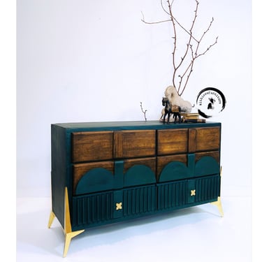 Emerald MCM Mid Century Dresser Tv Console| Credenza| Solid Wood Green 6 drawer dresser 