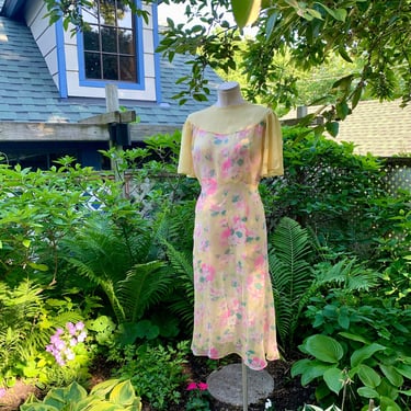 1920's-30's Sheer Silk Georgette Dress - Soft Yellow - Bias Cut - Flared Sleeves - Flouncy Tulip Shaped Skirt - Size SMALL 