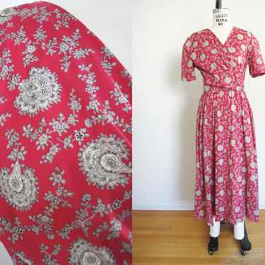 Vintage 90s Paisley Print Midi Dress S M - 1990s Pink Red Beige V Neck Short Sleeve Cotton Sundress - Cottagecore Style 