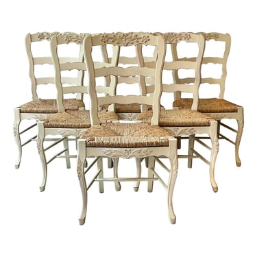 Country French Carved Rush Seat Ladderback Dining Chairs - Set of 6 