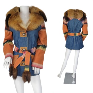 Gary Saxe 1970's Patchwork Denim Mexican Blanket Fur Collar Jacket i Coat I Sz Med I Joseph Magnin 