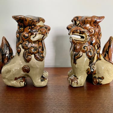 Studio Pottery Ceramic FOO DOGS / Pair / Vintage Mid Century MCM Boho sculpture decor / Brown Drip Glaze 