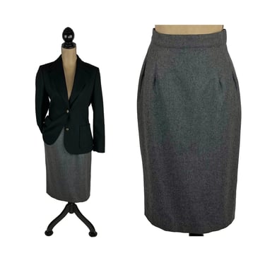 80s Gray Wool Pencil Skirt Medium, High Waist Midi Skirt with Pockets, 100% Pure Merino 1980s Clothes for Women, Vintage from CHARLES KLEIN 