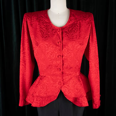 Vintage 80s Argenti Cherry Red Silk Floral-Patterned Blouse with Double Ruffled Peplum 