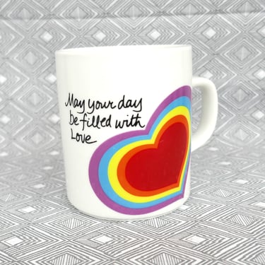 80s Avon Rainbow Heart Coffee Mug - White Ceramic Cup - May Your Day Be Filled With Love - The Love Mug - Dated 1983 - Vintage 1980s 
