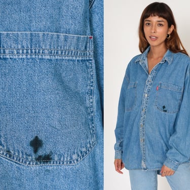 Levis Denim Shirt 90s Blue Jean Button Up Shirt Long Sleeve Cotton Button Down Boyfriend Top Retro Streetwear Basic Vintage 1990s Mens Large 
