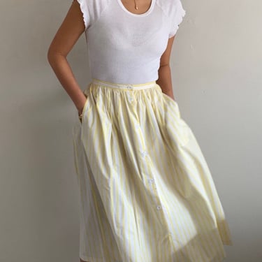 90s button front cotton skirt / vintage yellow pinstriped cotton button front midi skirt / Japan | 26 Waist size 4 