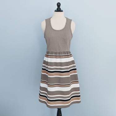 Vintage 70s Sundress, 1970s Striped Tan Day Dress, Knit Dress 