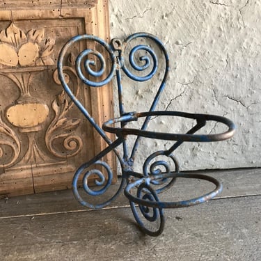 French Wire Plant Holder, Painted Blue, Wrought Iron, Wall Plant Basket, Chippy Garden Decor 