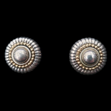 1990s Flli Menegatti Sterling and 14k Gold Clip-On Earrings | 90s Vintage 925 Round Fluted Two Tone Earrings 