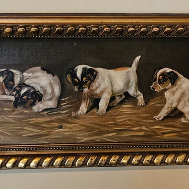 Antique Oil on Canvas Painting A Litter of Puppies playing in the Hay 