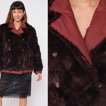 Reversible Fur Coat 80s Burgundy Double Breasted Jacket Pea Coat Button Up 1980s Furry Winter Vintage Glam Party Medium 
