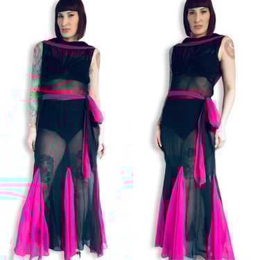 STUNNING Vintage 1930's Bright Fuchsia Pink Silk & Black Chiffon Goddess Deco Seam Color Block Mermaid Hem Gown w/ Sash Belt - Small Medium 