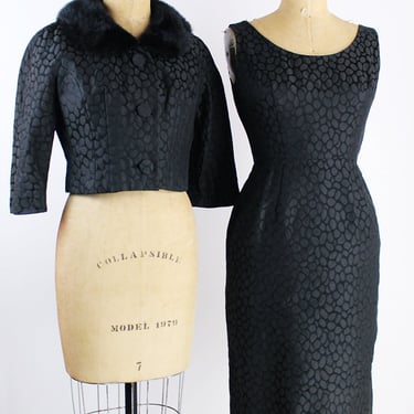 50s Black Pebbles Two Piece Set / Vintage Fur Jacket / 50s Dress / 1950s / 2-piece Set / Size XXS/XS 