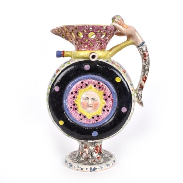 Antique 19th Century Bristol Glazed Pottery Puzzle Jug with Sunshine Motif and Cherub Handle, Antique Multicolor Jug, Damaged on the Spout 