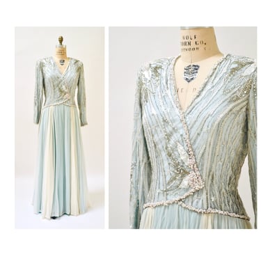 80s 90s Vintage Beaded Sequin Gown Dress Medium Large By Bob Mackie OFf White Silver Blue Rhinestones Pearls Long Sleeve Frozen Elsa Dress 