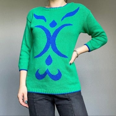 Vintage 80s Geometric Abstract Green Blue Cotton Crewneck Sweater Sz M 