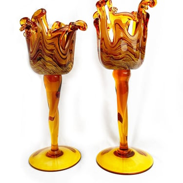 MURANO Italy WHITE CRISTAL Pedestal Goblets Art Glass Candle Holders Amber Swirl Vase Set Gift 