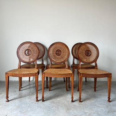 Set of Six Vintage Italian Wood and Cane Dining Chairs 