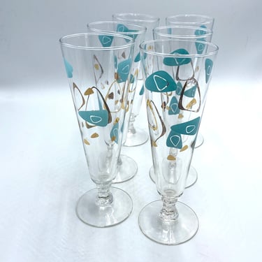 Federal Glass MCM Boomerang Capri Pilsner Glasses, Amoeba Turquoise Blue and Gold Glasses, Cocktail Glass, Drinkware, Barware 