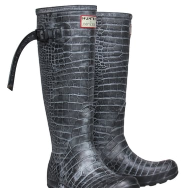 Hunter x Jimmy Choo - Grey Alligator Embossed Rain Boots w/ Leopard Print Interior Sz 6.5