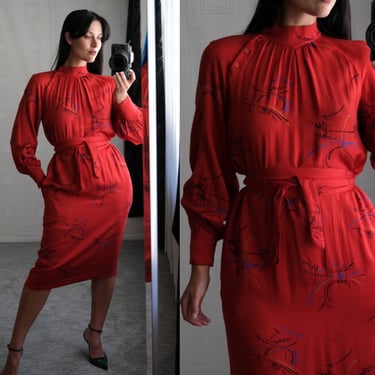 Vintage 80s Gaston Jaunet Red Asian Script Belted Shift Dress w/ Pockets & Asymmetric Button Collar | Made in France | 1980s Designer Dress 