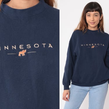 90s Minnesota Sweatshirt Embroidered Moose Navy Blue Graphic Crewneck Pullover Animal Wildlife MN Tourist Vintage 1990s Tultex Large L 