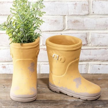 Yellow Cement Rain Boot Vase and planter, housewarming gifts, grandmillennial, retro home decor, colorful home decor, hostess gifts 