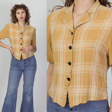 80s Mustard Yellow Button Up Crop Top - Medium | Vintage Plaid Fitted Waist Short Sleeve Cropped Blouse 