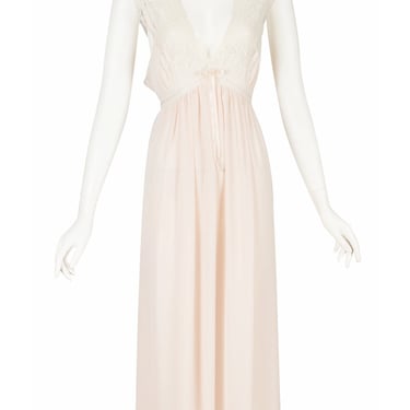 Christian Dior 1980s Vintage Lace Trim Blush Plunge Neck Nightgown Sz M 