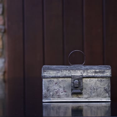 Antique Miniature Toleware Tin Box Vintage Folk Art Treasure Chest Keepsake Box Ring Stash Metal Container 