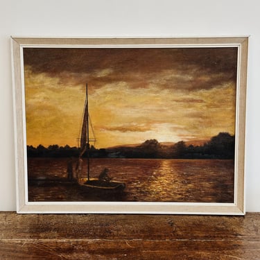 Vintage Original European Oil Painting, Sunset Sailboat Scene 