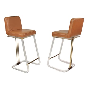 Pair of Lion in Frost Caramel Leather and Lucite Swivel Bar Stools 