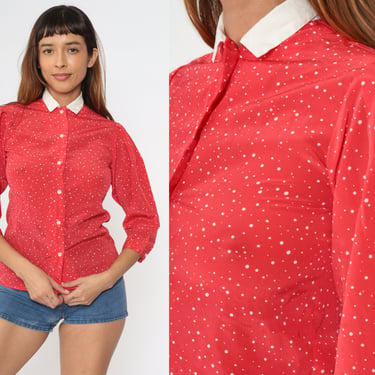 Polka Dot Blouse 80s Red Puff Sleeve Shirt Button Up Top Kawaii White Collar Vintage 3/4 Sleeve Blouse Boho Retro 1980s Extra Small xs 