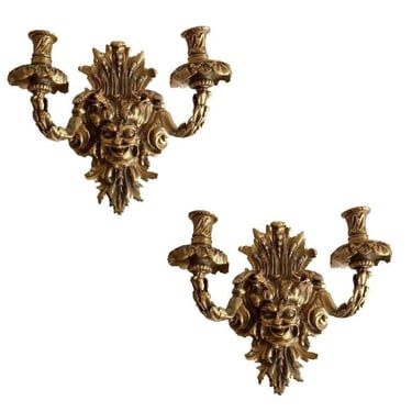 Empire Style Bacchus Face 24-Karat Gold Dore Bronze Candle Wall Sconce, Pair 