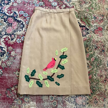 Vintage 1970s one of a kind wrap skirt with bird applique front & back| winter holiday wool wrap skirt, red cardinal with holly leaves 