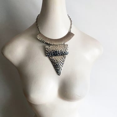 MOD Vintage Silver Tone Articulated Statement Necklace • Geometric 60s 70s Hippie Boho Coachella Festival • Hammered Gold • Adjustable 