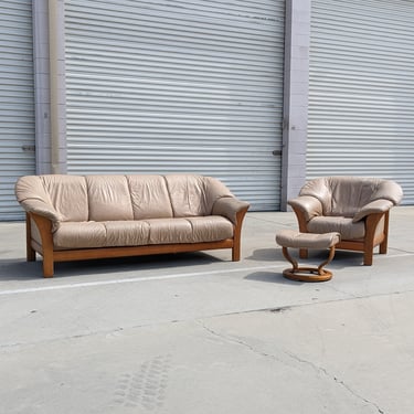 Vintage Ekornes Leather + Teak Sofa | Couch | Side Chair & Ottoman | Beige | Light Brown | MCM | Mid Century | Ekornes Stressless | Norway 