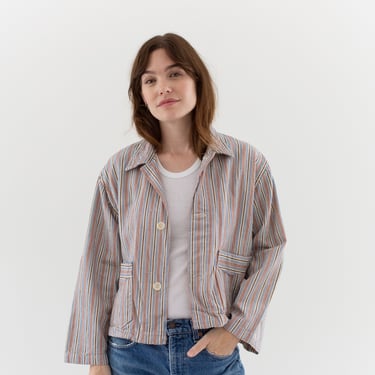 Vintage Pink Blue Brown Flannel Striped Crop Shirt Jacket | Unisex Stripe Cotton Pajama Chore | L | SCJ011 