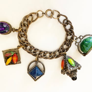 Vintage 60s Super Chunky Charm Bracelet • Moroccan Tribal Ethnic Hippie Boho Rockabilly Goth Gothic Steampunk Jewels • 5 Exotic Heavy Charms 