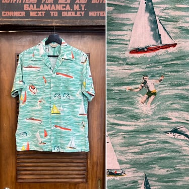 Vintage 1950’s Photo Style Surfer Tiki Cotton Fish Hawaiian Shirt, 50’s Vintage Clothing 
