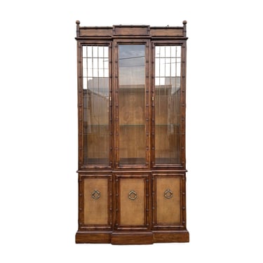 Faux Bamboo China Cabinet - Vintage Lighted Wood & Glass Display Hutch - Hollywood Regency Coastal Chinoiserie Illuminated Furniture 