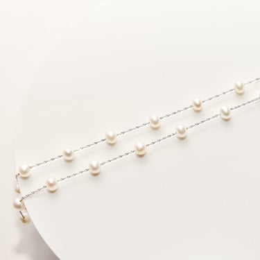 White Pearl Choker In 14K White Gold, Elegant Pearl Station Necklace, 17.75